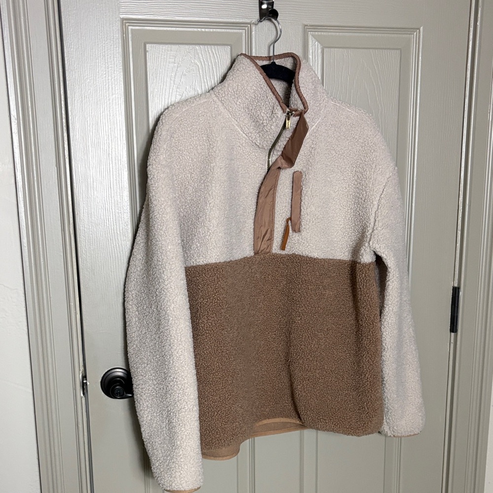 Women's Avalanche 1/4 zip Cream and Brown Sherpa Pullover NWOT XL